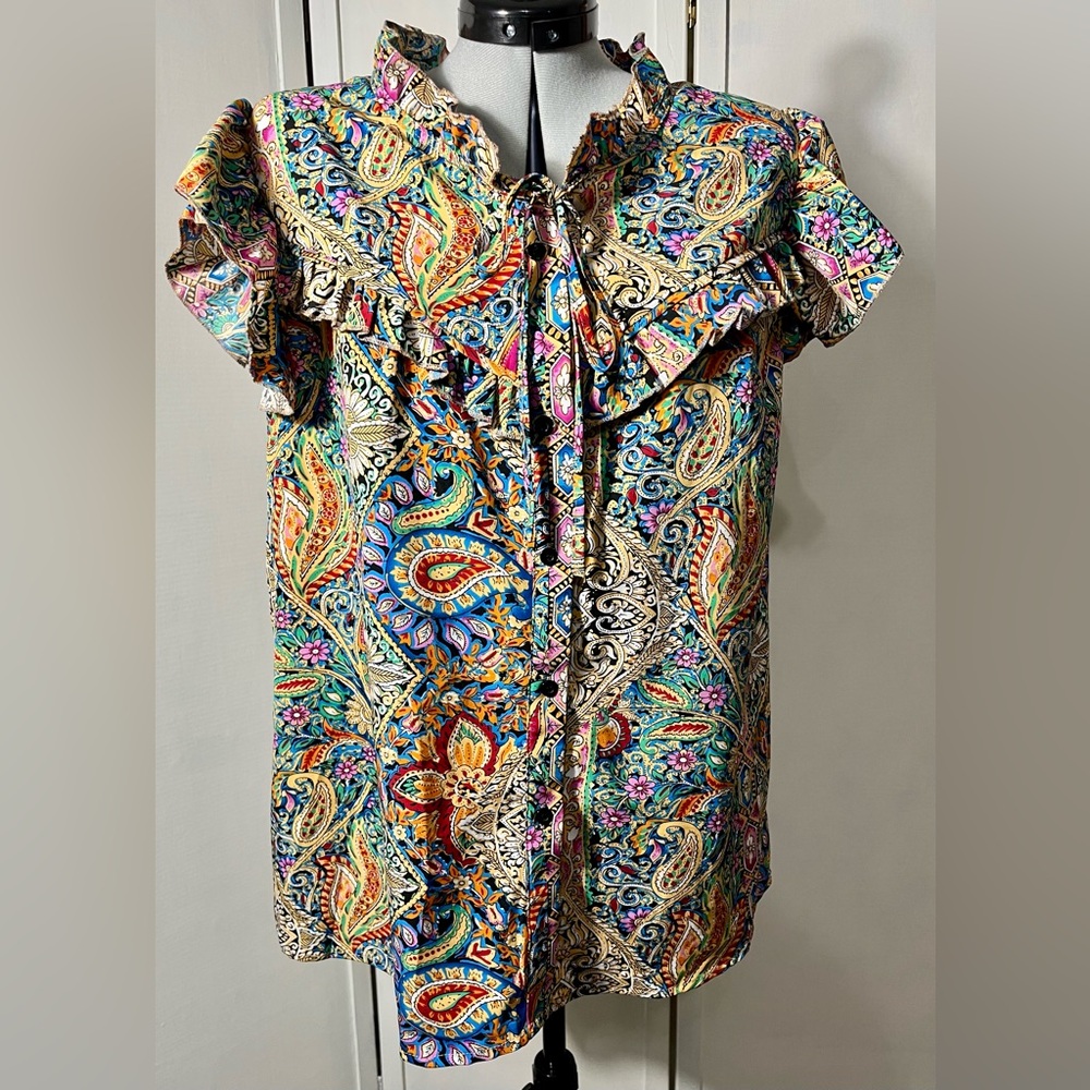 SHEIN Women’s 2XL Multicolor Paisley Ruffle Neck Button down Blouse
